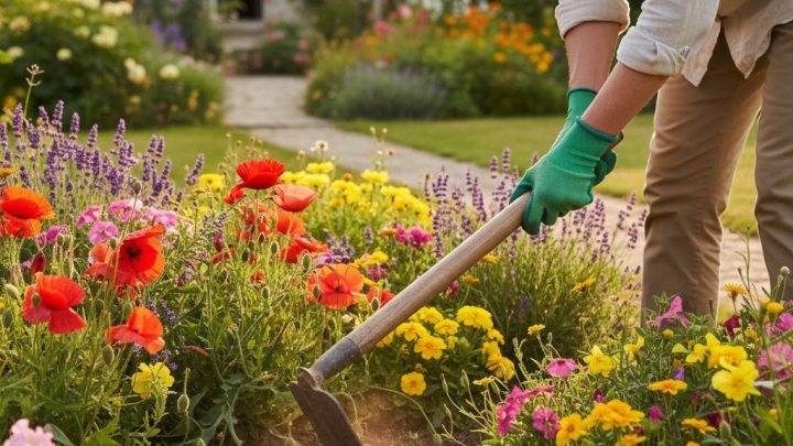 Binage des massifs de fleurs
